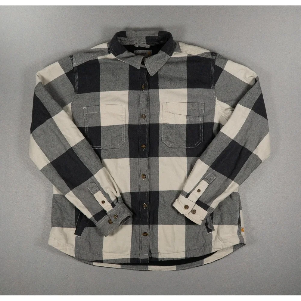 Carhartt Hubbard Sherpa-Lined Shirt Jacket Black Grey Plaid 103239 Kids L 12/14